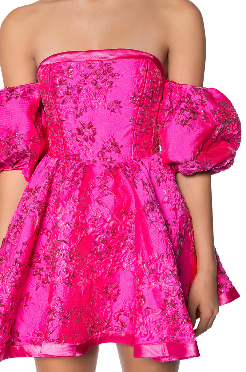 PRETTY IN PINK BROCADE MINI DRESS