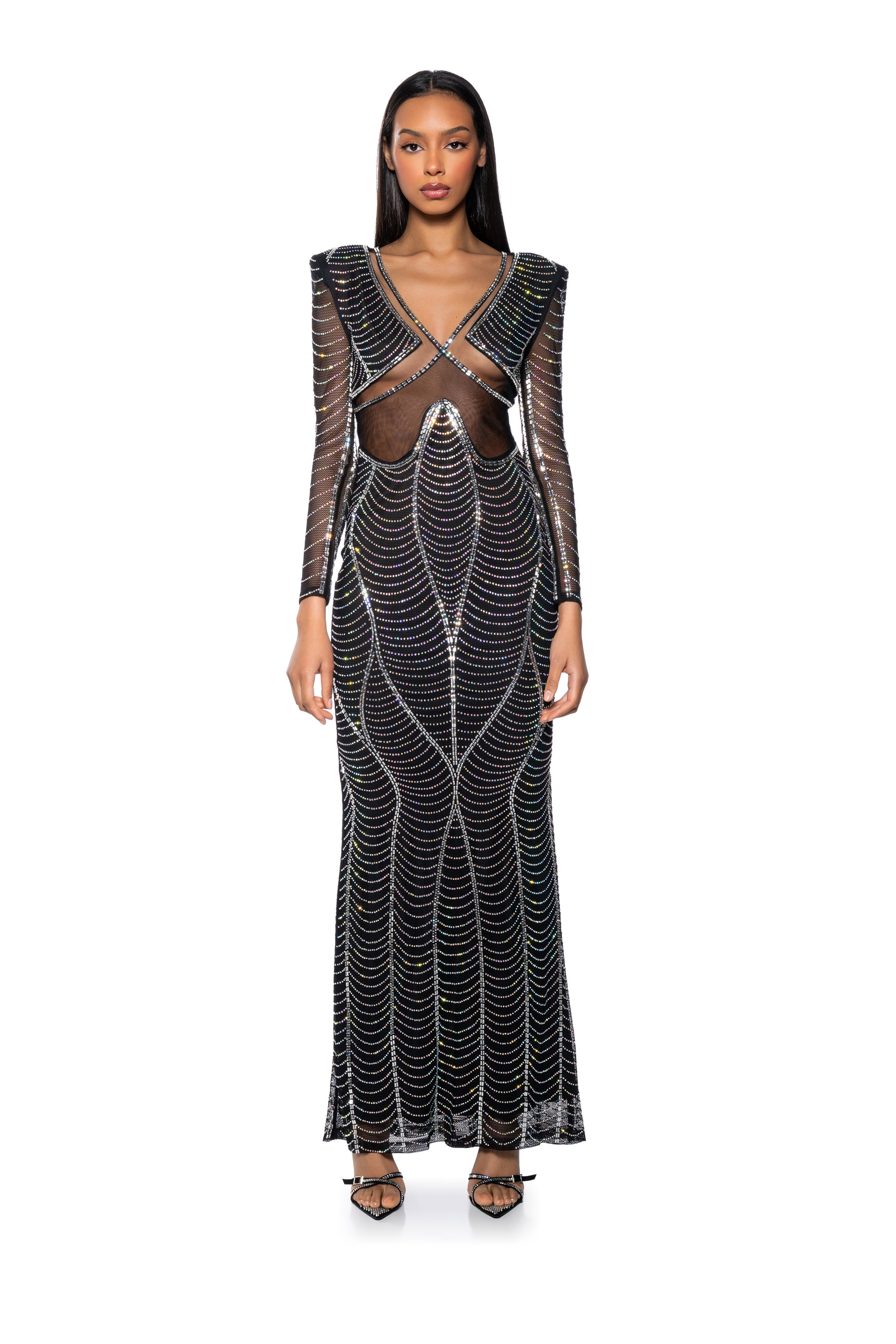 STUNNER RHINESTONE DETAIL MESH GOWN