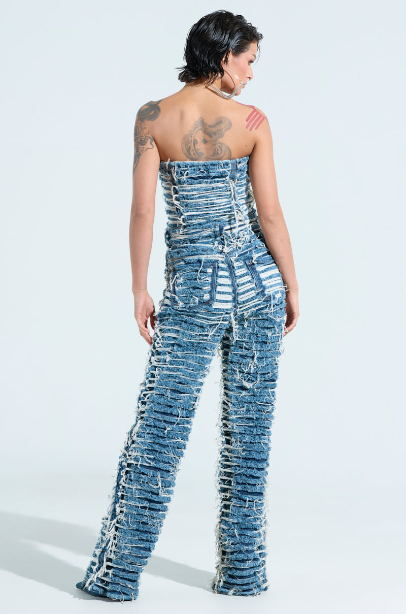 I DONT CHASE I ATTRACT DISTRESSED DARK BLUE DENIM JUMPSUIT