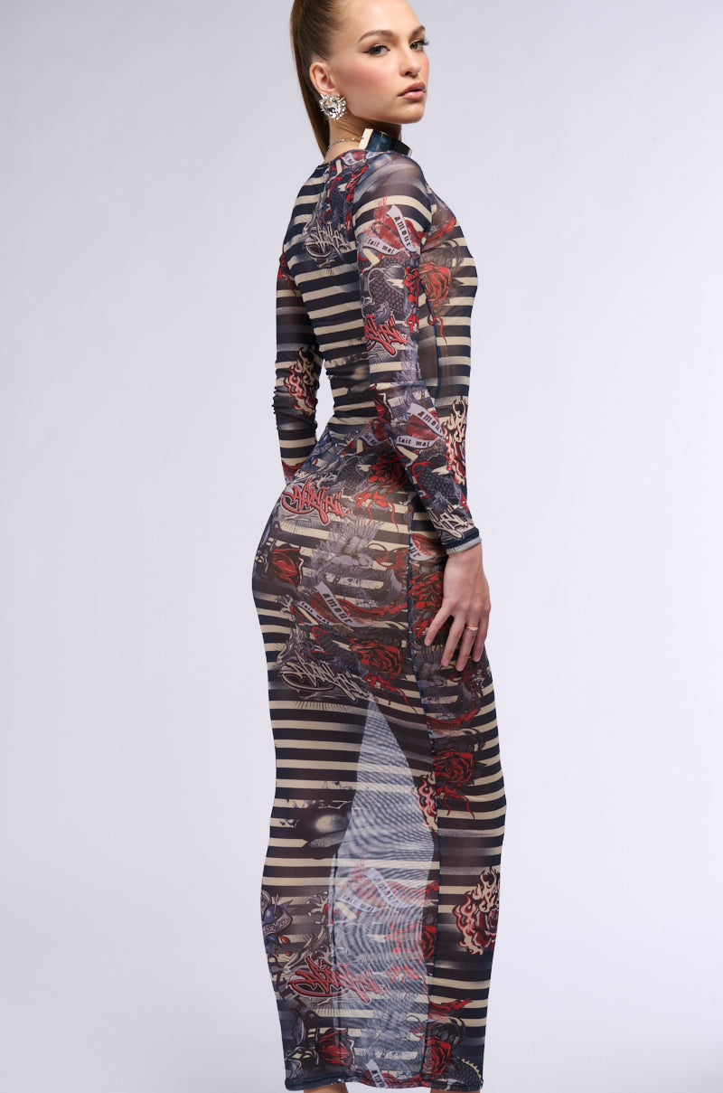 COOLEST GIRL ON THE BLOCK PRINTED MESH MAXI DRESS