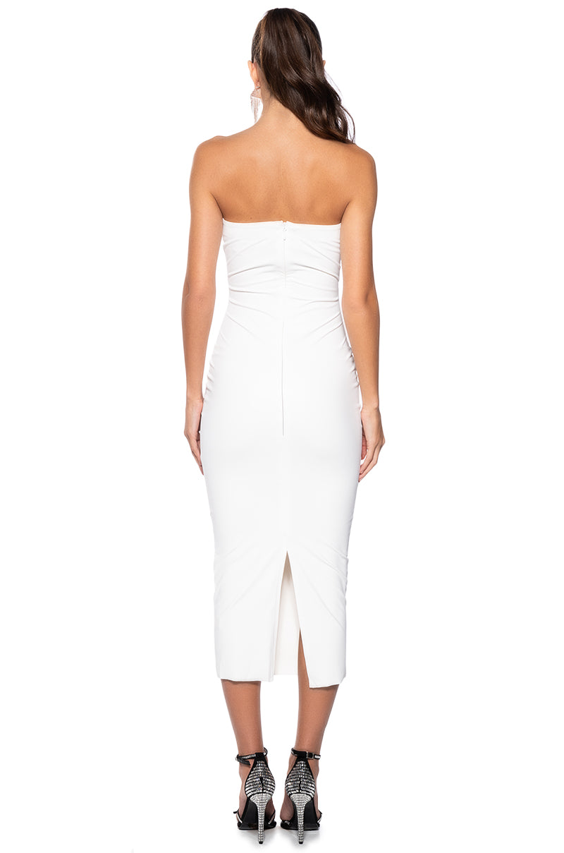 PRETTY LADY PLEATHER CUT OUT MIDI DRESS WITH 4 WAY STRETCH IN WHITE