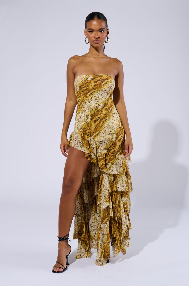 TATTIANA SNAKE PRINT RUFFLED MAXI DRESS