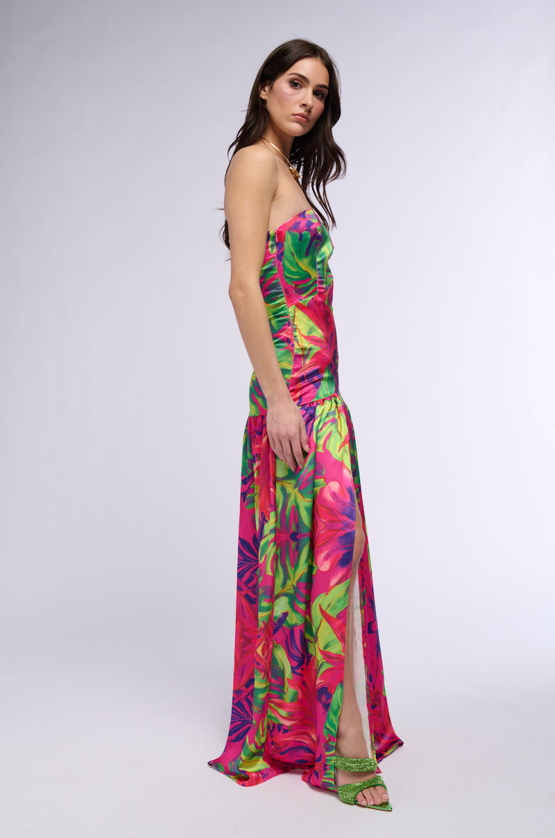 TROPICAL GETAWAY SATIN PRINTED MAXI DRESS