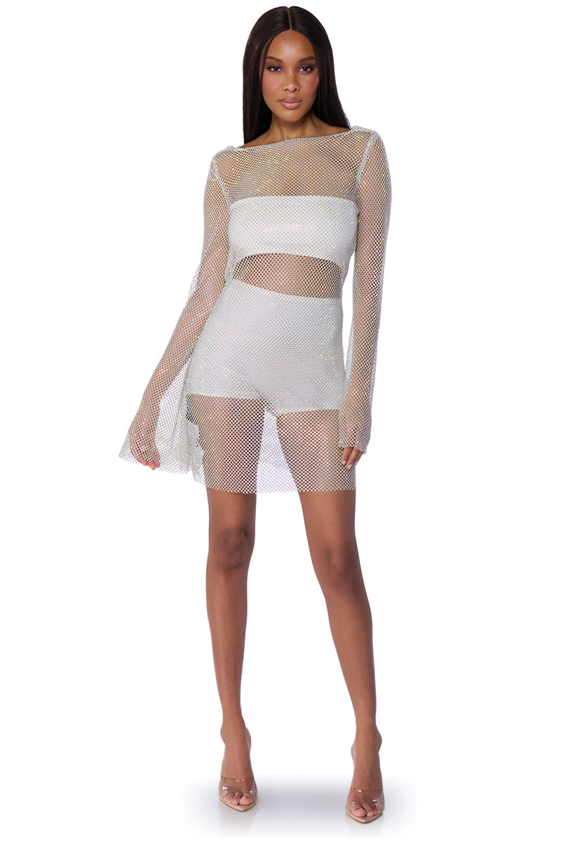 SHES ALL THAT RHINESTONE MESH MINI DRESS IN WHITE