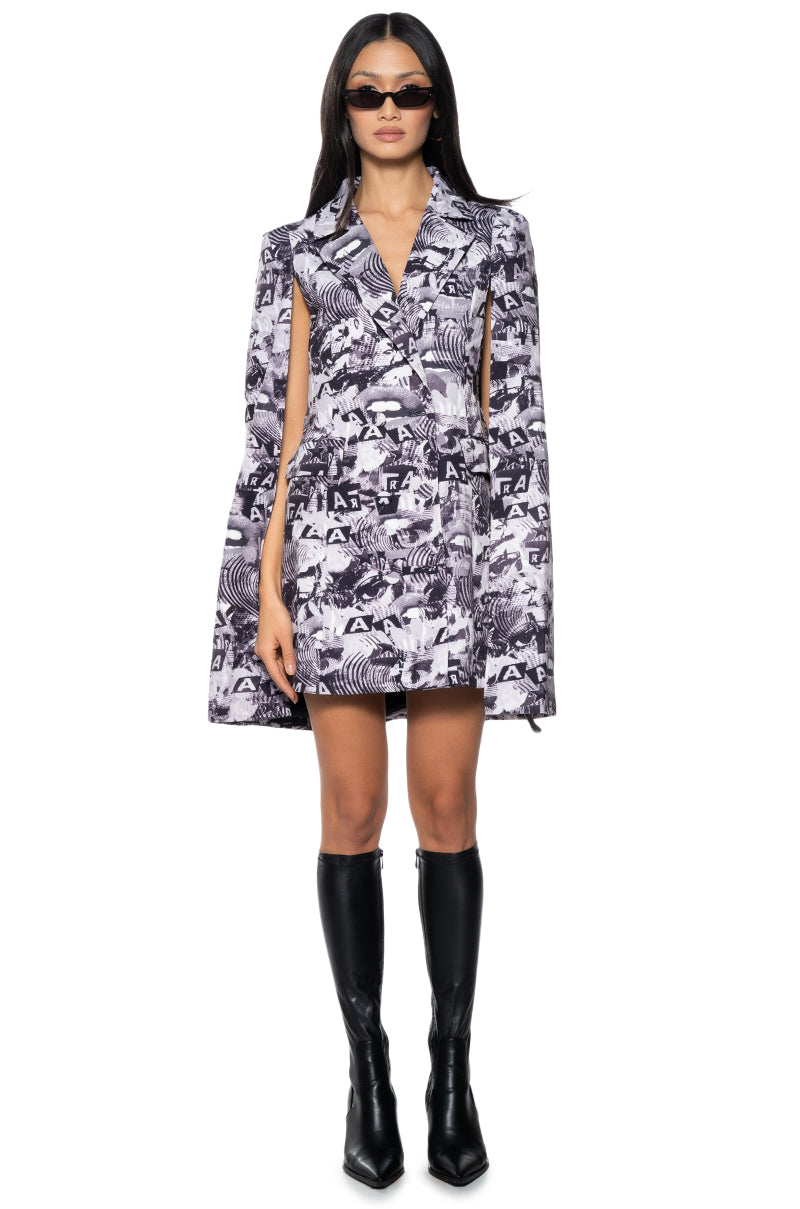 READ ALL ABOUT IT PRINTED BLAZER DRESS