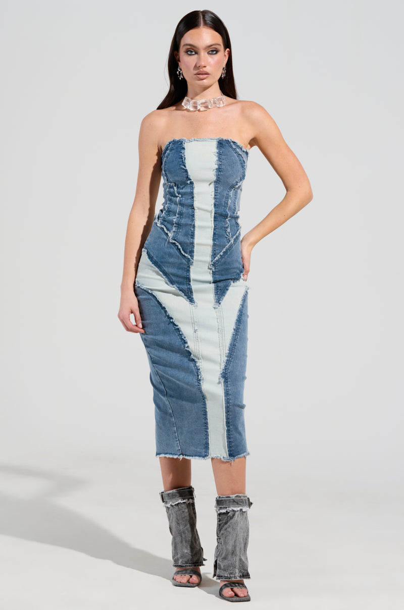 LAYLA DENIM PATCHWORK MIDI DRESS