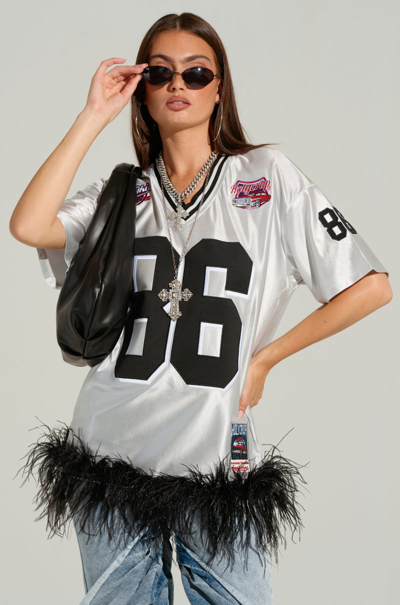 GO SPORTS FEATHER TRIM JERSEY DRESS