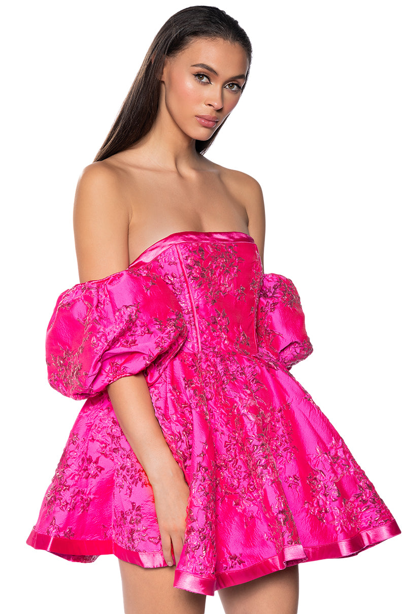 PRETTY IN PINK BROCADE MINI DRESS