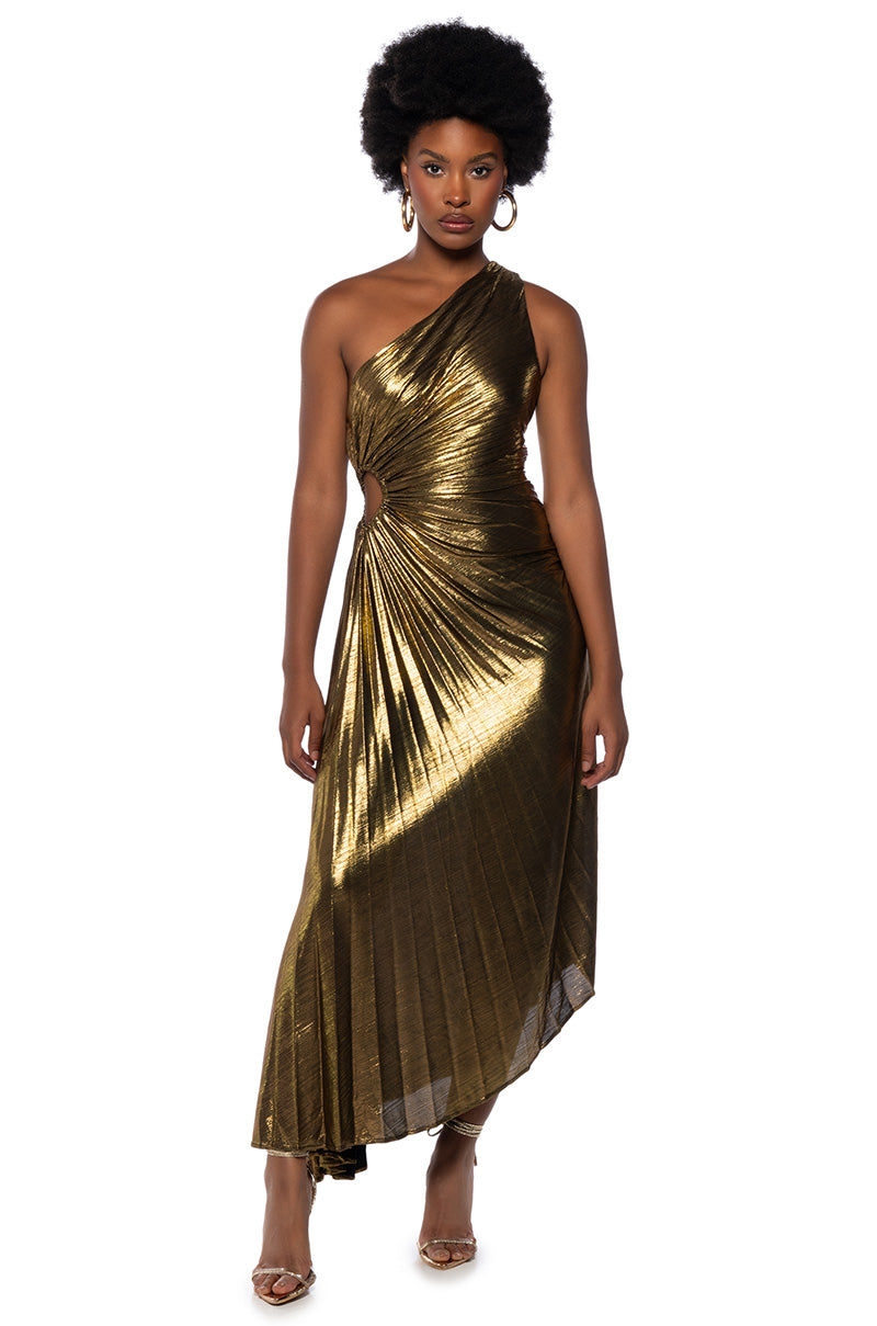 ELEVATE ME PLEATED CUT OUT METALLIC MIDI DRESS