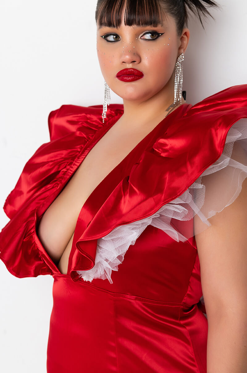 PLUS BACKOFF POWER SHOULDER SATIN MINI DRESS