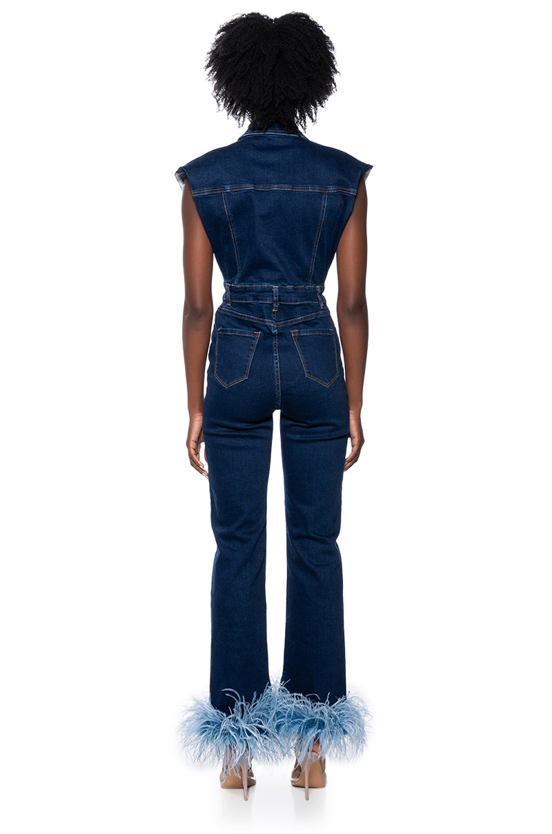 SANDY SLEEVELESS DENIM FEATHER TRIM JUMPSUIT