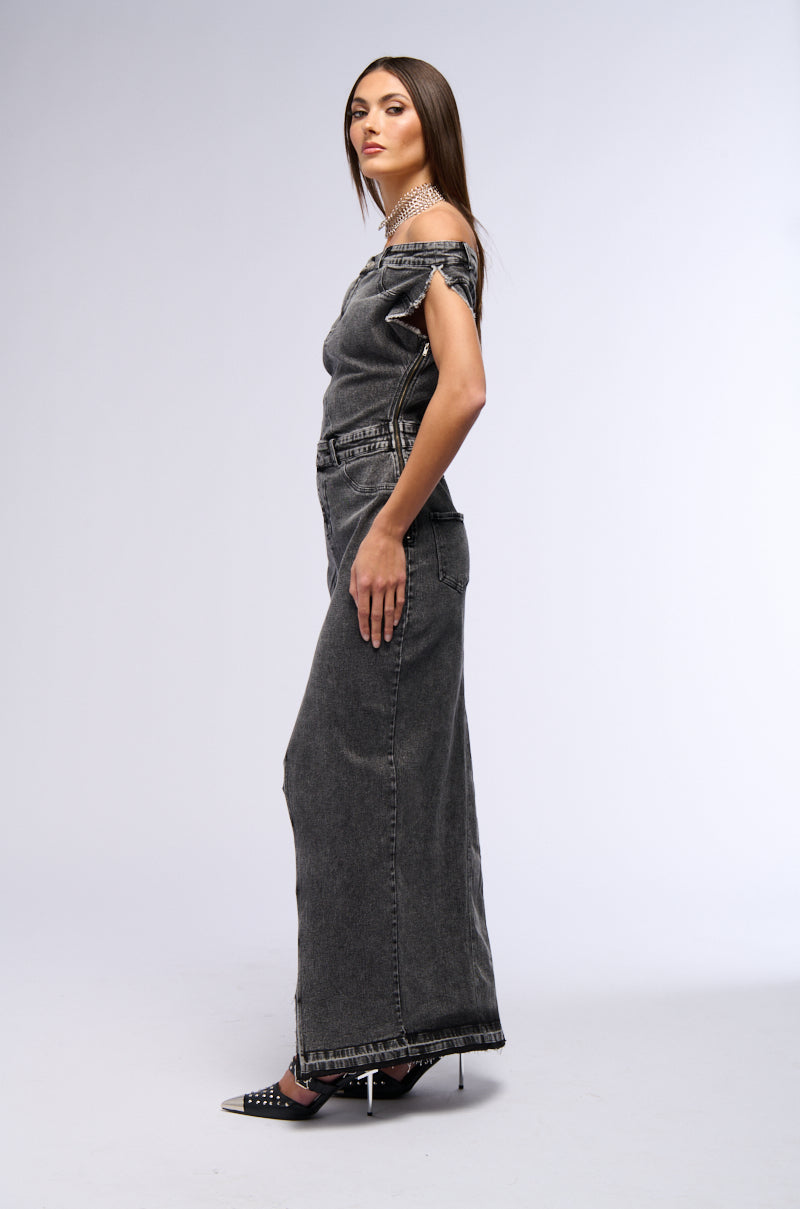 DERRIA OFF THE SHOULDER DENIM MAXI DRESS