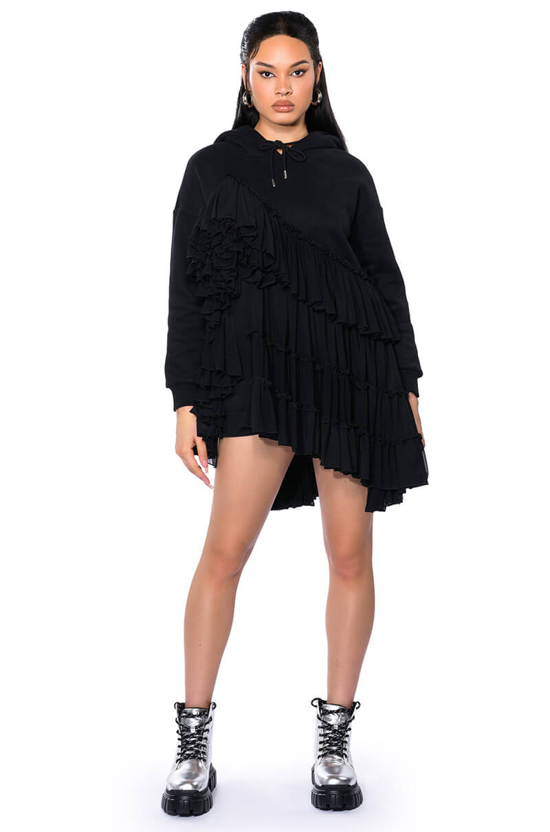 LOU LOU RUFFLE DETAIL HOODIE DRESS