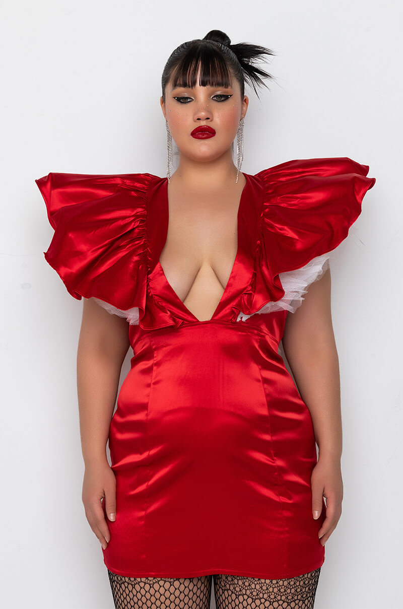 PLUS BACKOFF POWER SHOULDER SATIN MINI DRESS
