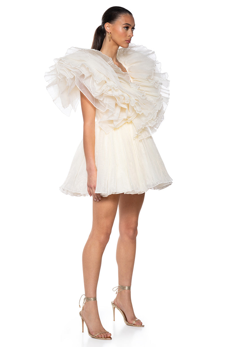 EVER AFTER RUFFLE SLEEVE PLEATED A LINE MINI DRESS IN IVORY