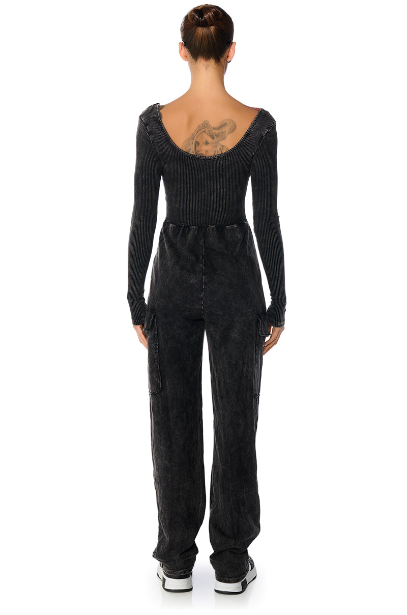 MILLIE MINERAL WASH CARGO JUMPSUIT IN BLACK