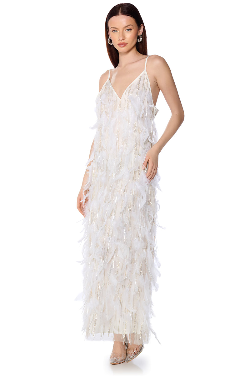 DREAM GIRL FEATHER EMBELLISHED MAXI DRESS