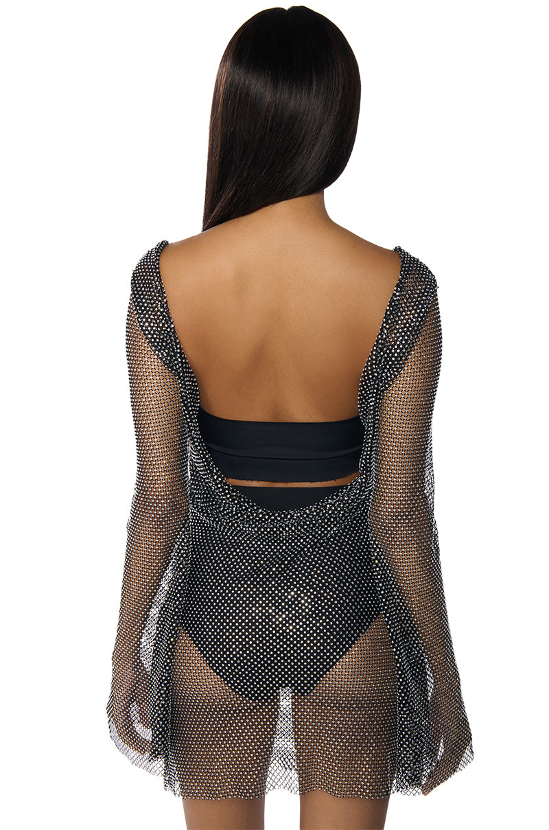 SHE ALL THAT RHINESTONE MESH MINI DRESS IN BLACK