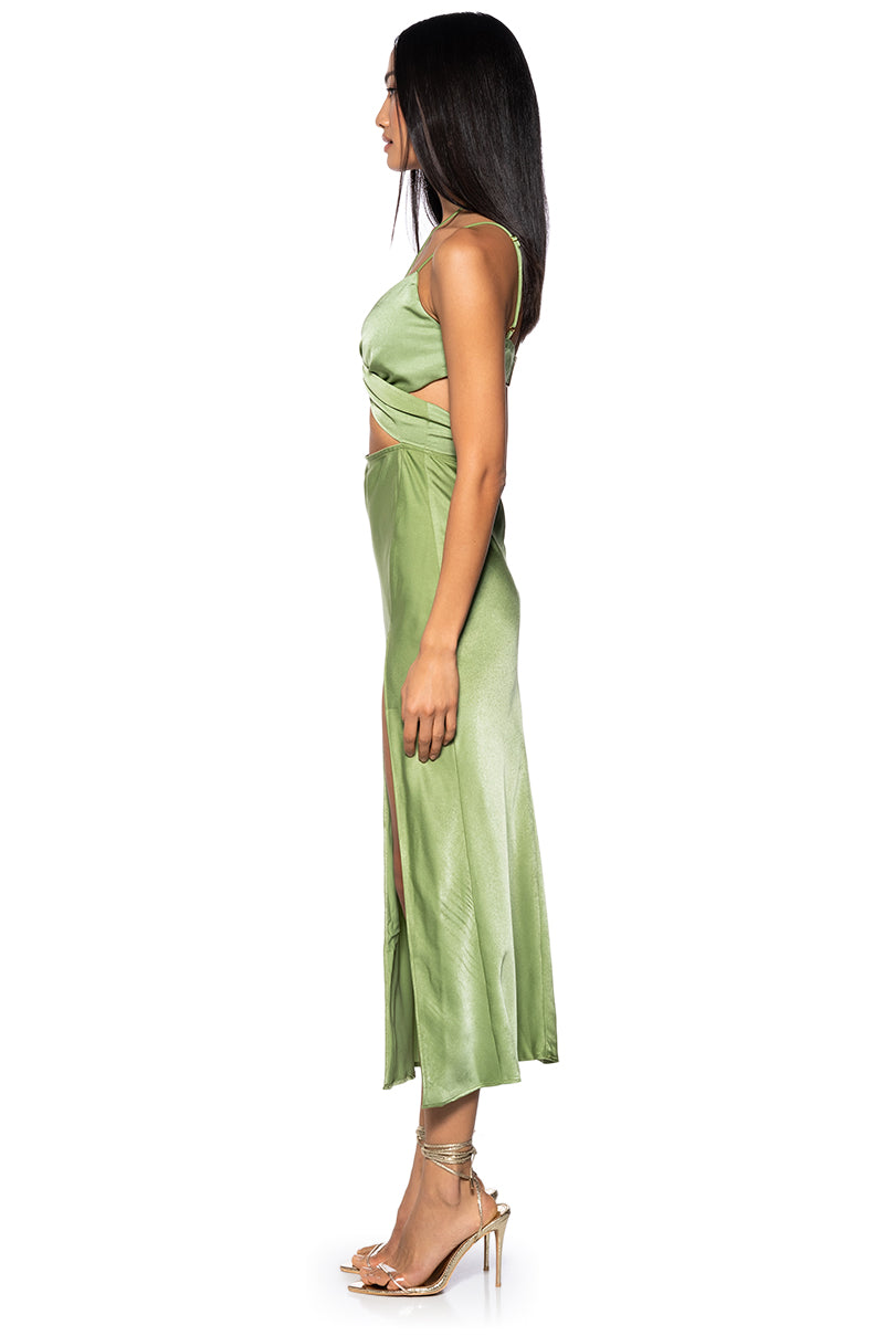 VITA CUT OUT HALTER NECK SATIN MIDI DRESS