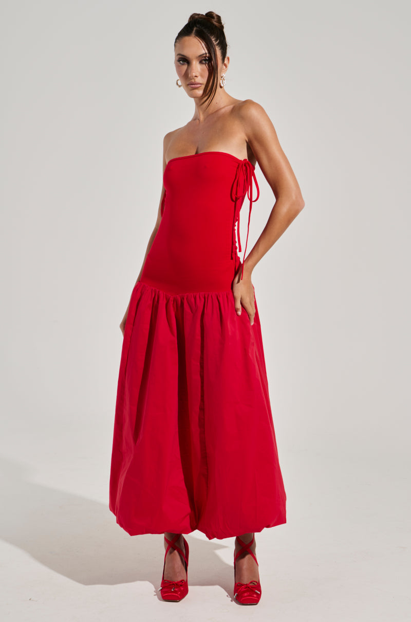 SITTING PRETTY POPLIN MIDI DRESS IN RED