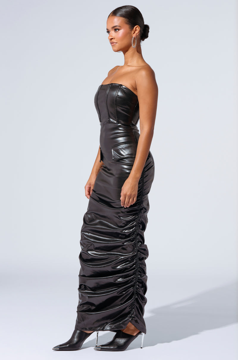 ASH STRAPLESS CARGO MAXI DRESS IN BLACK PU