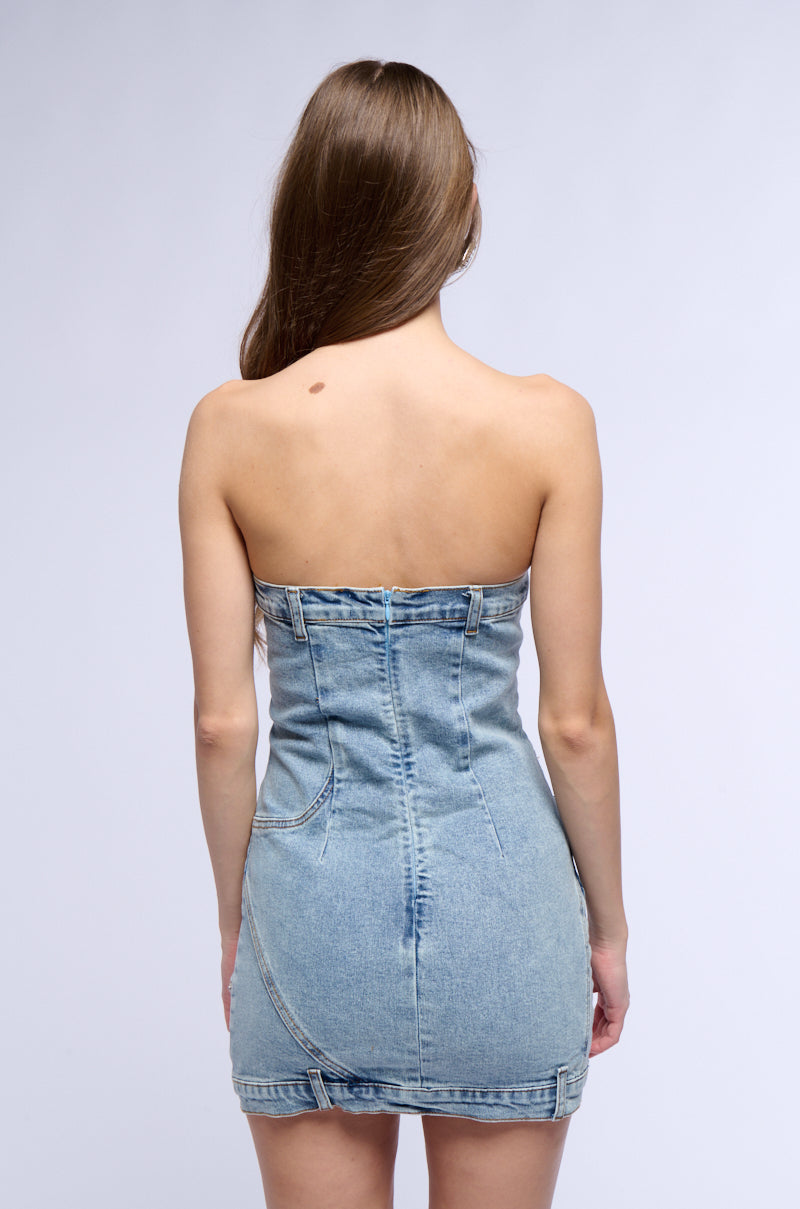 SEEING DOUBLE STRAPLESS DENIM MINI DRESS