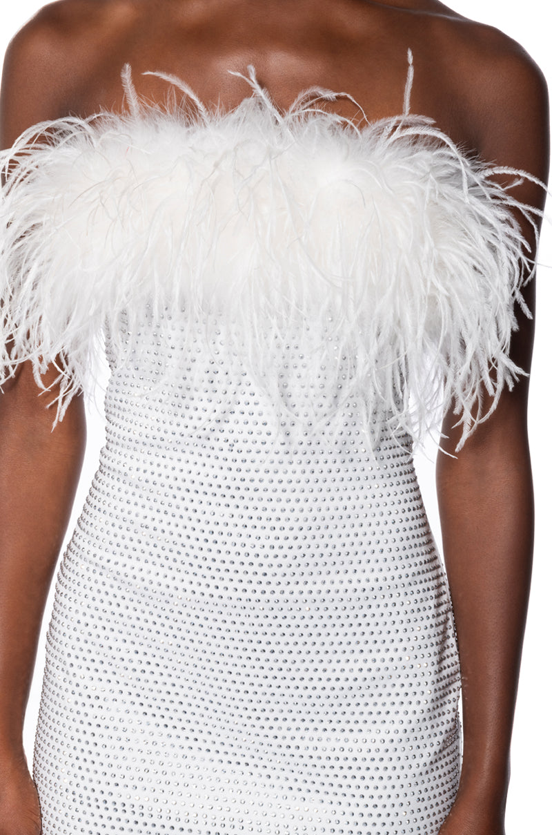 AMI FEATHER DETAILED STRAPLESS MINI DRESS