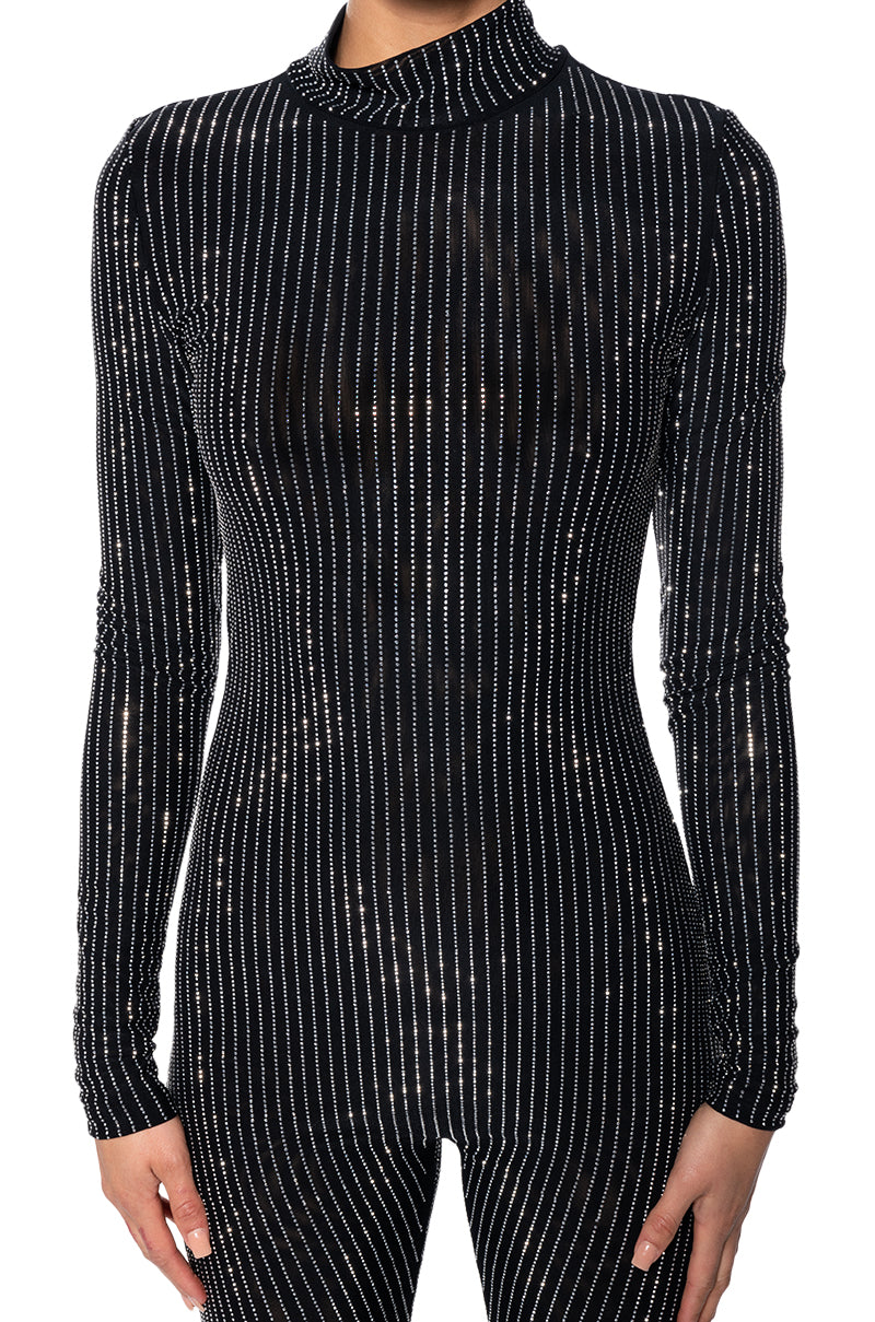 ALL ABOUT ME STRIPED RHINESTONE JUMPSUIT