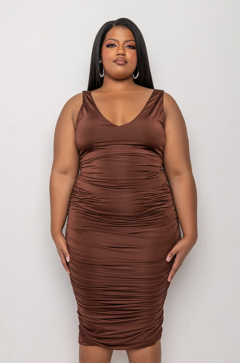 PLUS TOO PRETTY FOR YA MIDI RUCHED DRESS