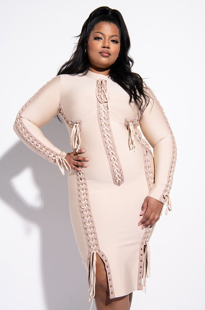 PLUS RIGHT MY WRONGS MULTI LACE BANDAGE MIDI DRESS