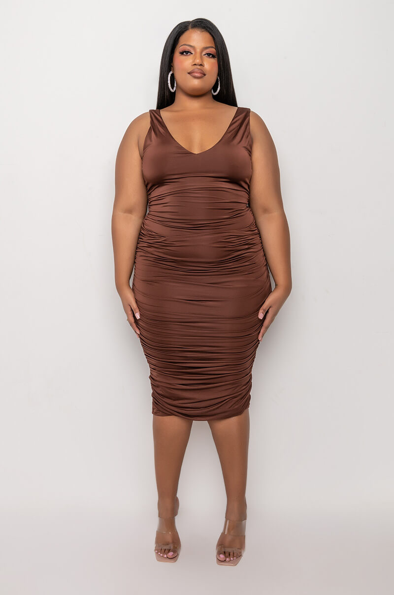 PLUS TOO PRETTY FOR YA MIDI RUCHED DRESS