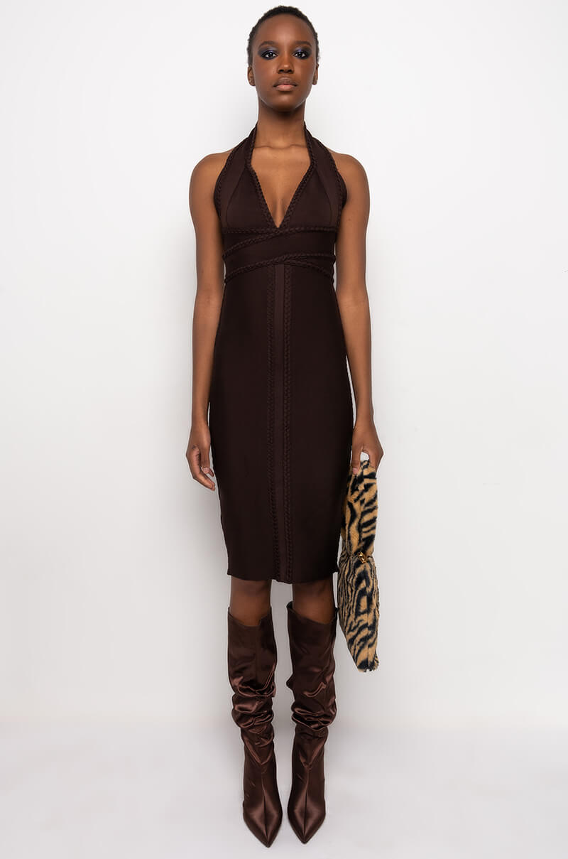 GIVE ME TIME HALTER TOP BANDAGE MIDI DRESS