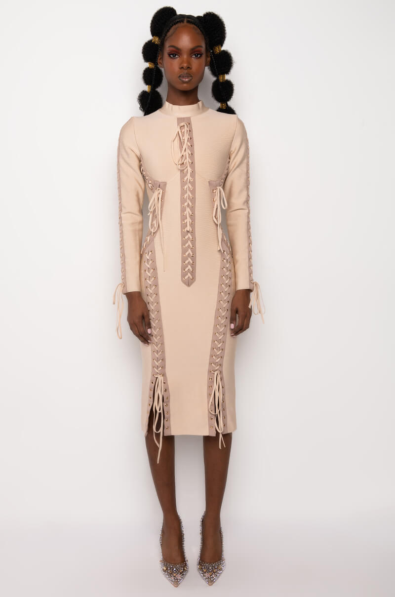 RIGHT MY WRONGS MULTI LACE BANDAGE MIDI DRESS