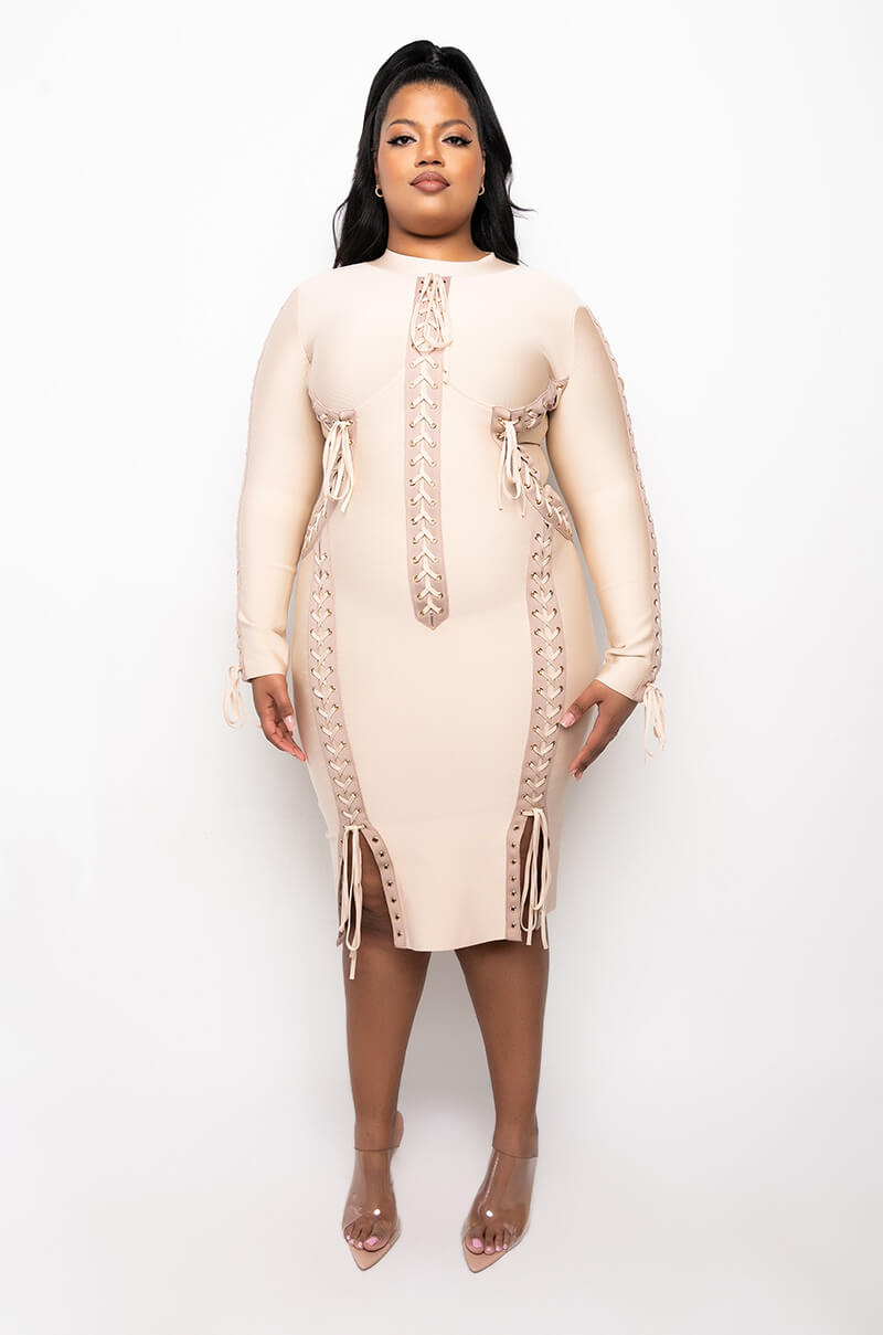 PLUS RIGHT MY WRONGS MULTI LACE BANDAGE MIDI DRESS