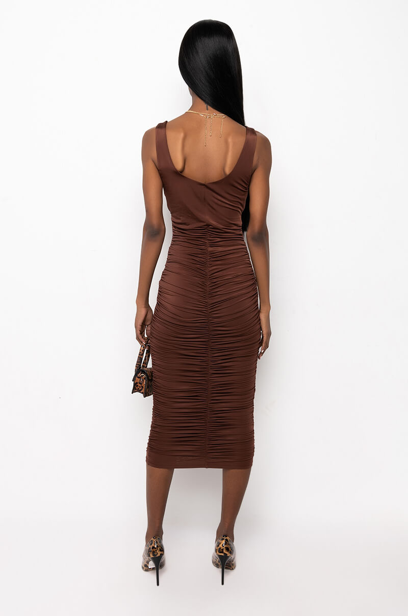 TOO PRETTY FOR YA MIDI RUCHED DRESS