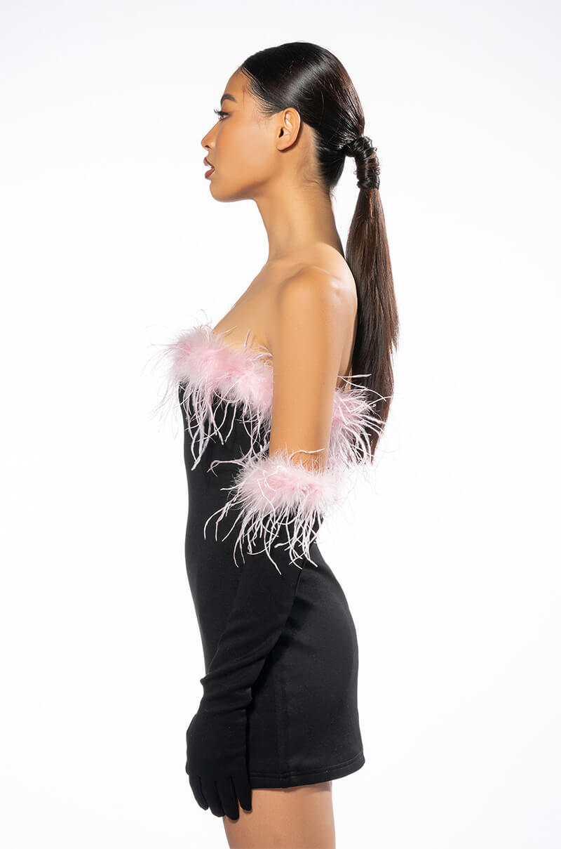 HOLLY FEATHER DETAIL STRAPLESS BODYCON DRESS WITH GLOVES