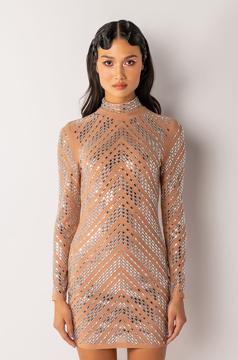 SLAY SIS MINI RHINESTONE MESH DRESS
