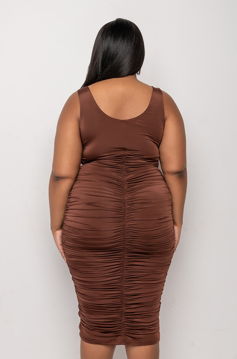 PLUS TOO PRETTY FOR YA MIDI RUCHED DRESS