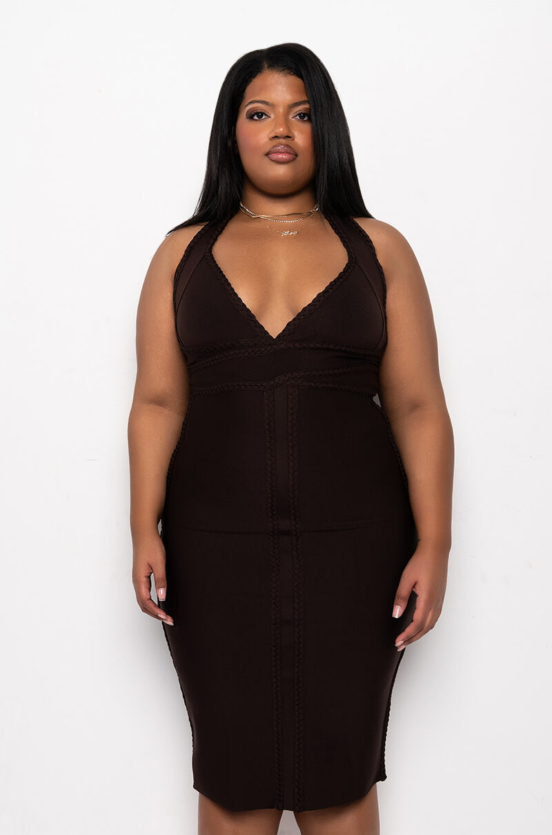 PLUS GIVE ME TIME HALTER TOP BANDAGE MIDI DRESS