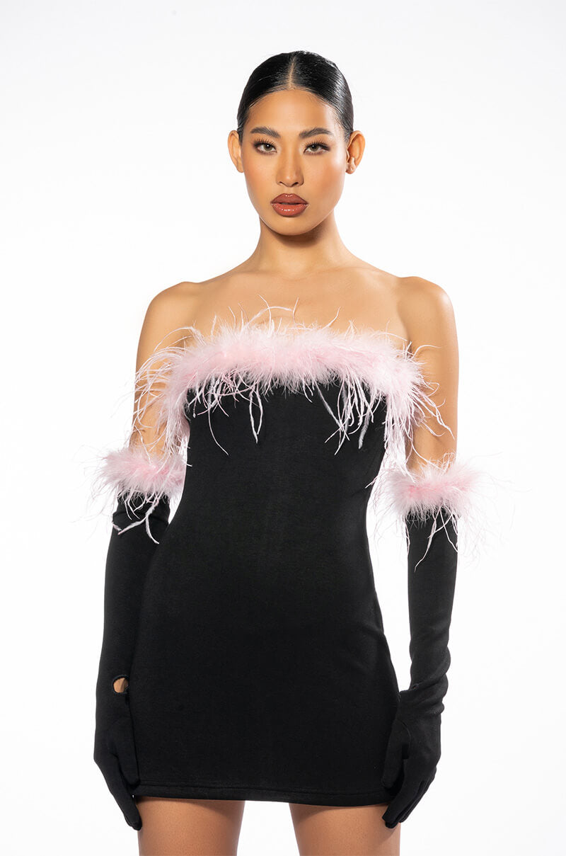 HOLLY FEATHER DETAIL STRAPLESS BODYCON DRESS WITH GLOVES